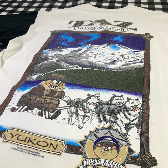 Taz Looney Tunes 1994 Warner Bros Travel Safari Vintage Button Off White T Shirt - Picture 5 of 14
